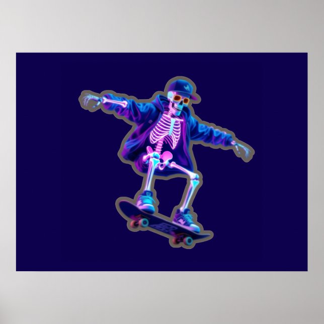 Neon 3D Skeleton Skateboarding – Funny Streetwear  Poster (Framsidan)