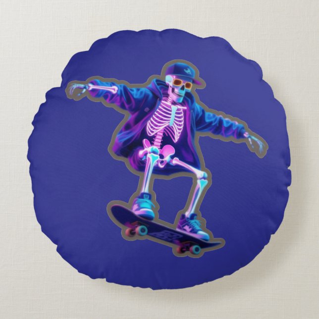 Neon 3D Skeleton Skateboarding – Funny Streetwear  Rund Kudde (Framsidan)