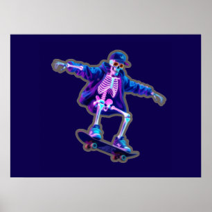 Neon 3D skelett skateboarding – Rolig streetwear Poster