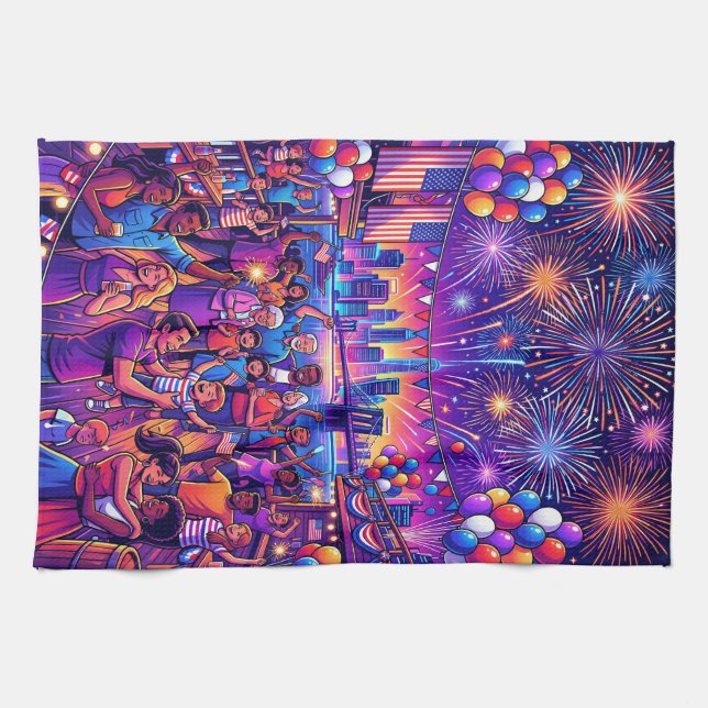 Neon 4 juli självständighetsfirande kökshandduk (Horisontell)