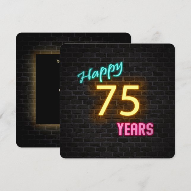 Neon 75:e Birthday Sign glock på tegel Inbjudningar (Fram/baksida)