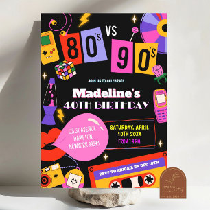 Neon 80s vs. 90s Retro Disco Mixtape Födelsedagsfe Inbjudningar