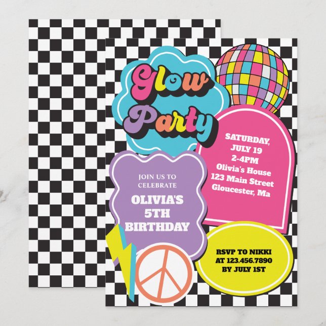 Neon 90-talets Retro Glow Födelsedag Inbjudningar (Fram/baksida)