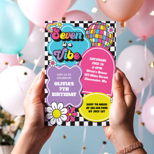 Neon 90s Retro Seven är en stämning 7-års födelsed Inbjudningar