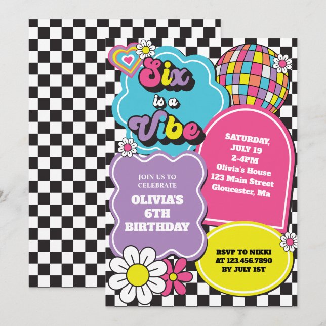 Neon 90s Retro Six är en stämning 6-årsdag Inbjudningar (Fram/baksida)