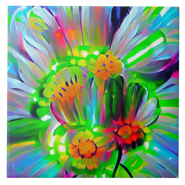 Neon Abstrakt Daisy med Vivid Färg Kakelplatta (Framsidan)
