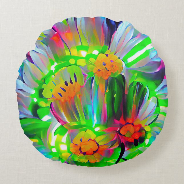 Neon Abstrakt Daisy med Vivid Färg Rund Kudde (Framsidan)