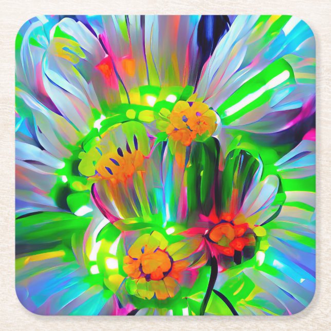 Neon Abstrakt Daisy med Vivid Färg Underlägg Papper Kvadrat (Framsidan)