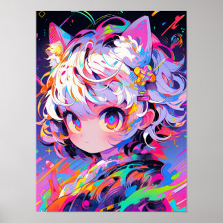 Neon Abstrakt Kattflicka Popkonst Poster
