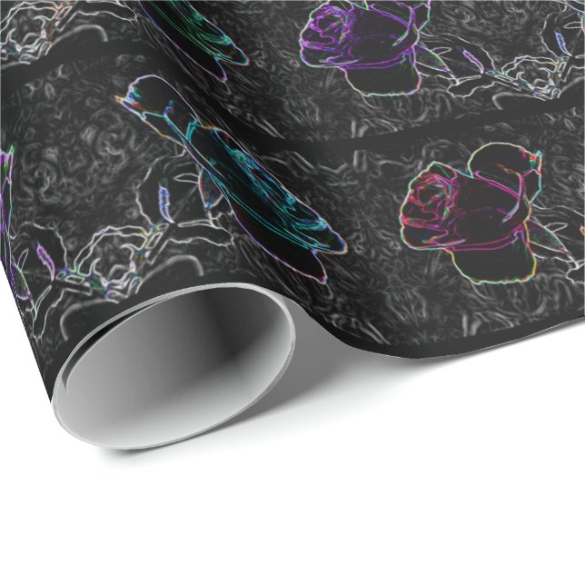 Neon, Abstrakt Ro på svart 30 x 6' Roll av Presentpapper (Rullad Hörn)