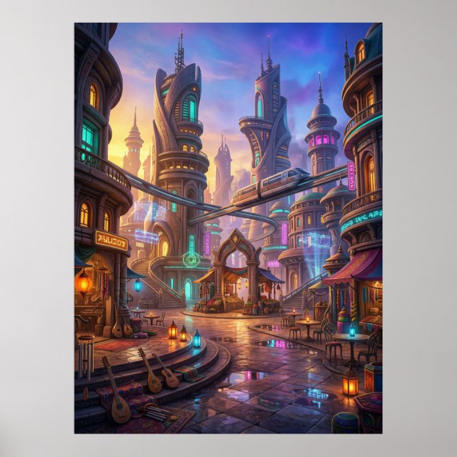 Neon Alien City Sunset Square Poster (Framsidan)
