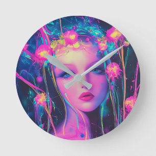 Neon Alien Goddess Rund Klocka