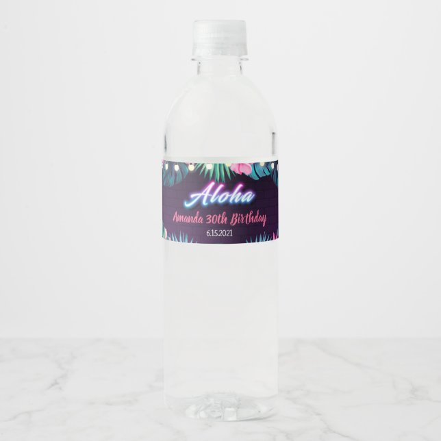 Neon Aloha Birthday Vattenflaska Label Etikett (Framsida)