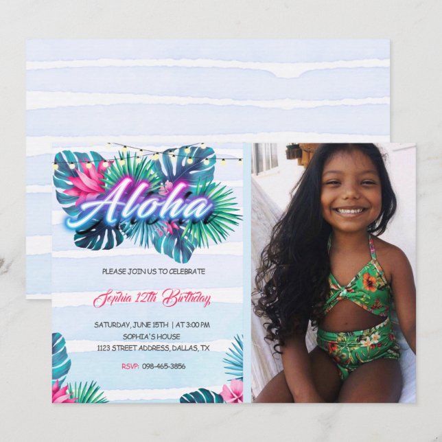 Neon Aloha Tropical Birthday-inbjudan Inbjudningar (Fram/baksida)