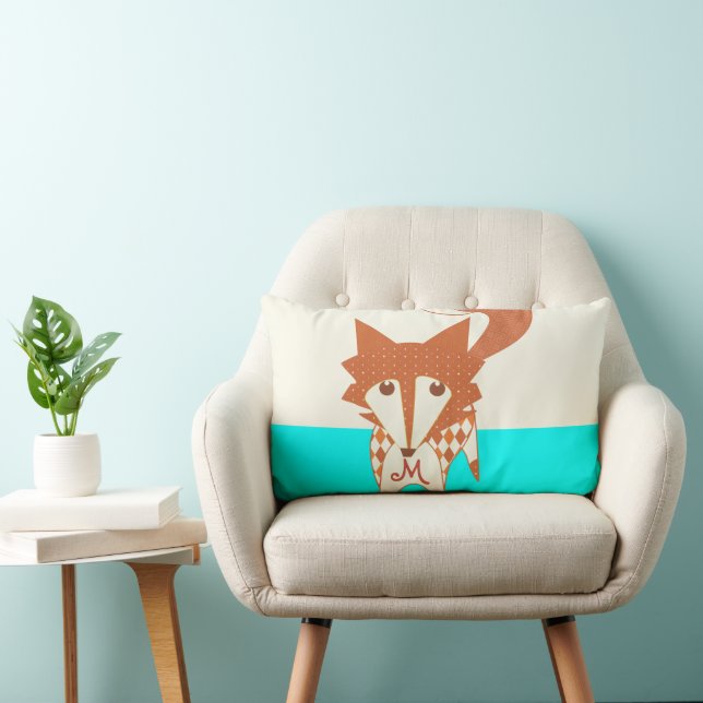 Neon Aqua Monogram Stylized Fox Pillow Lumbarkudde (Stol)