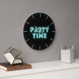 Neon Aqua Party Time Round Clock Stor Klocka
