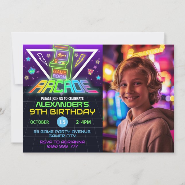 Neon Arcade Photo Birthday Gaming Party-inbjudan Inbjudningar (Framsida)