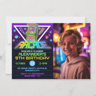 Neon Arcade Photo Birthday Gaming Party-inbjudan Inbjudningar
