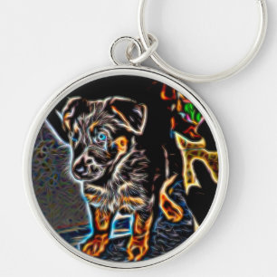 Neon Art German Shepherd Puppy Rund Silverfärgad Nyckelring