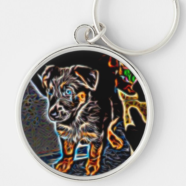 Neon Art German Shepherd Puppy Rund Silverfärgad Nyckelring (Framsidan)