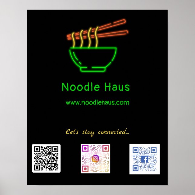 Neon Asian Noodle Bowl Social Media QR-koder Poster (Framsidan)