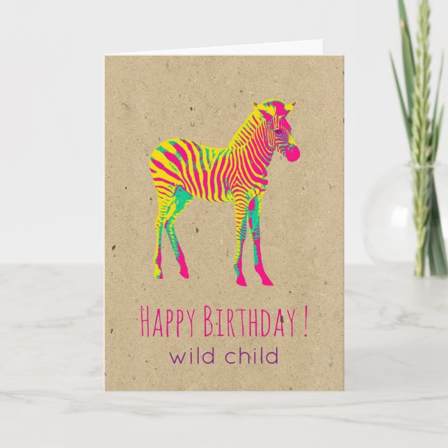 Neon Baby Zebra Psykedelisk Funky Retro Födelsedag Kort (Framsida)