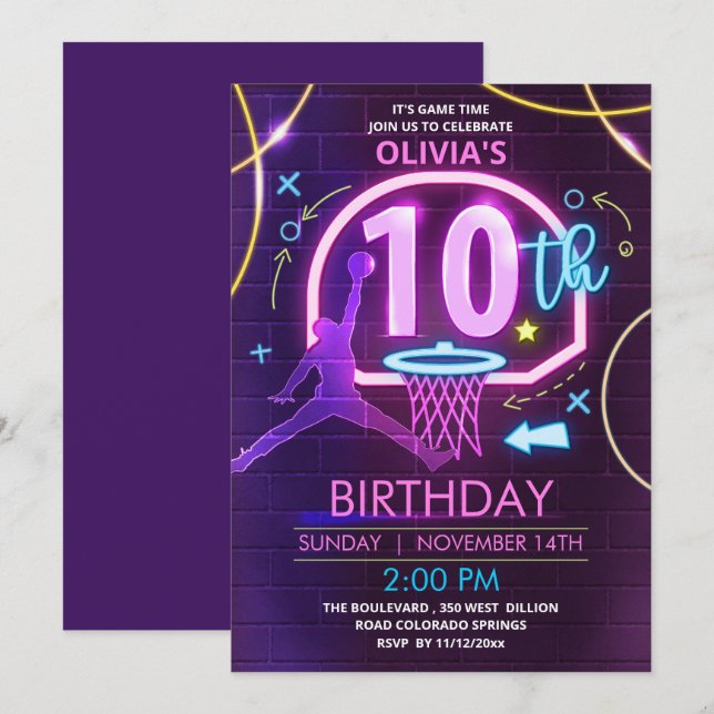 Neon Basketball Birthday-inbjudan Inbjudningar (Fram/baksida)