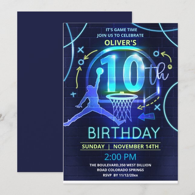 Neon Basketball Birthday-inbjudan Inbjudningar (Fram/baksida)