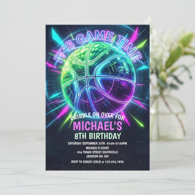 Neon basketboll födelsedagsinbjudan inbjudningar (Stående Fram)