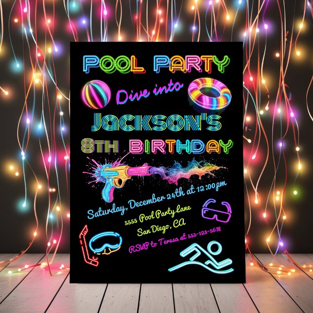 Neon Bassäng Party Födelsedagsfest Inbjudningar (Skapare uppladdad)