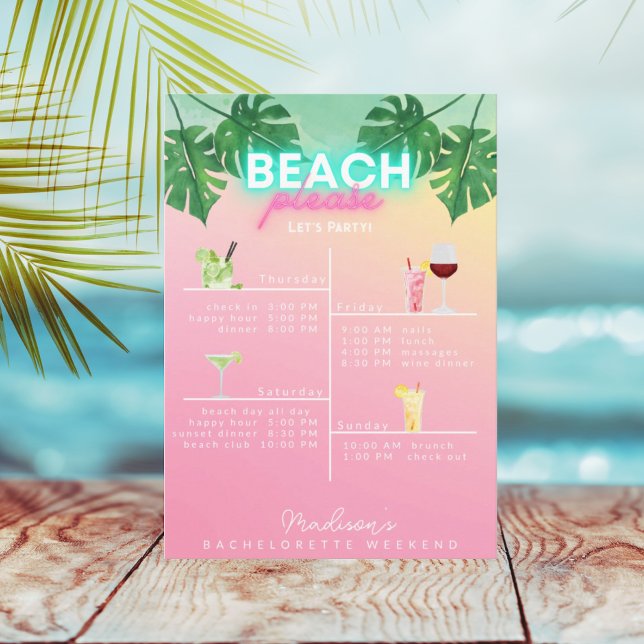 Neon Beach Snälla Bachelorette Helg Itinerary Inbjudningar (Skapare uppladdad)