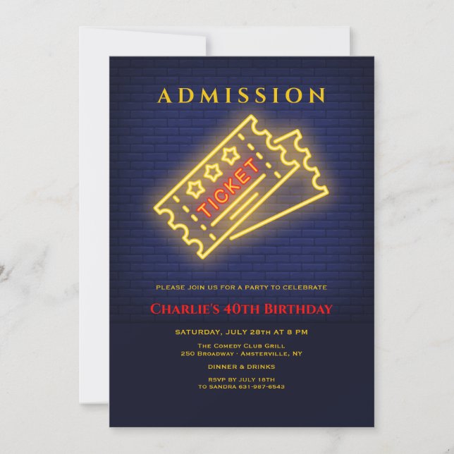 Neon Biljett till partiinbjudan Inbjudningar (Framsida)