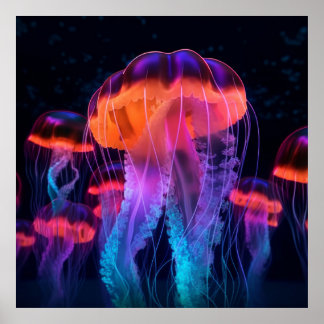 Neon Bioluminescent Glow Jellyfish Poster