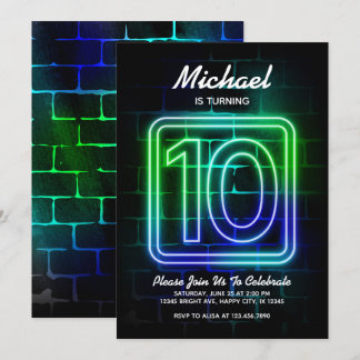 Neon Birthday-inbjudan till Boy 10:e födelsedagen Inbjudningar