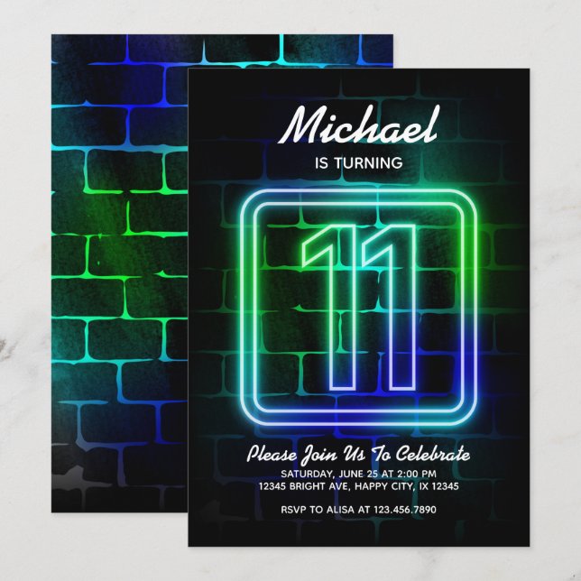 Neon Birthday-inbjudan till Boy 11:e födelsedagen Inbjudningar (Fram/baksida)