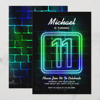 Neon Birthday-inbjudan till Boy 11:e födelsedagen Inbjudningar