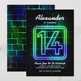Neon Birthday-inbjudan till Boy 14:e födelsedagen Inbjudningar