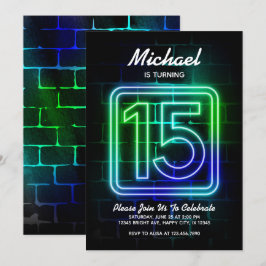 Neon Birthday-inbjudan till Boy 15:e födelsedagen Inbjudningar