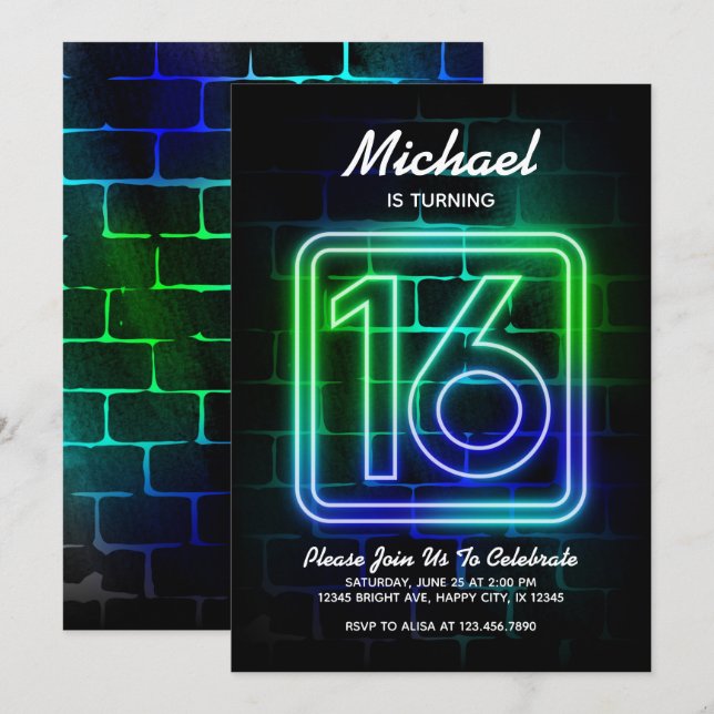 Neon Birthday-inbjudan till Boy 16:e födelsedagen Inbjudningar (Fram/baksida)