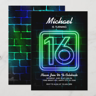 Neon Birthday-inbjudan till Boy 16:e födelsedagen Inbjudningar