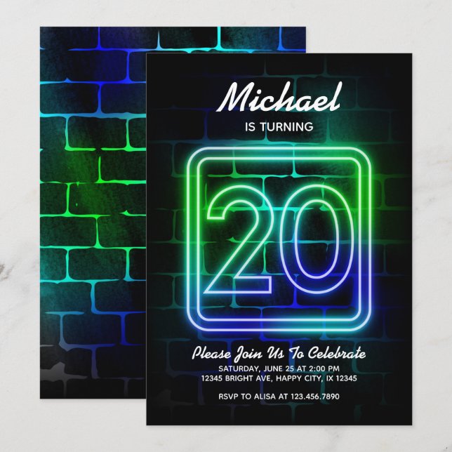 Neon Birthday-inbjudan till Boy 20:e födelsedagen Inbjudningar (Fram/baksida)