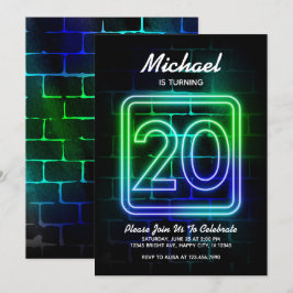 Neon Birthday-inbjudan till Boy 20:e födelsedagen Inbjudningar