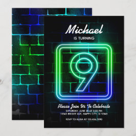 Neon Birthday-inbjudan till Boy 9th Birthday Inbjudningar