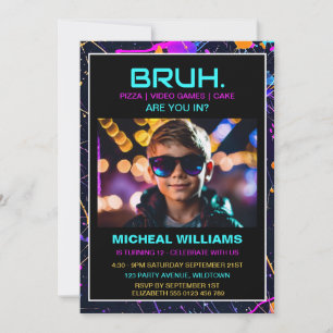 Neon Birthday med modern fotospelare Inbjudningar