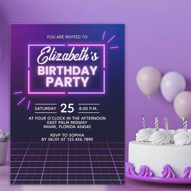 Neon Birthday Party Invitation Modern Glow Frame Inbjudningar (Skapare uppladdad)