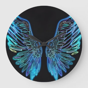 Neon Black and Blue Angel Vinge Wall Clock Stor Klocka