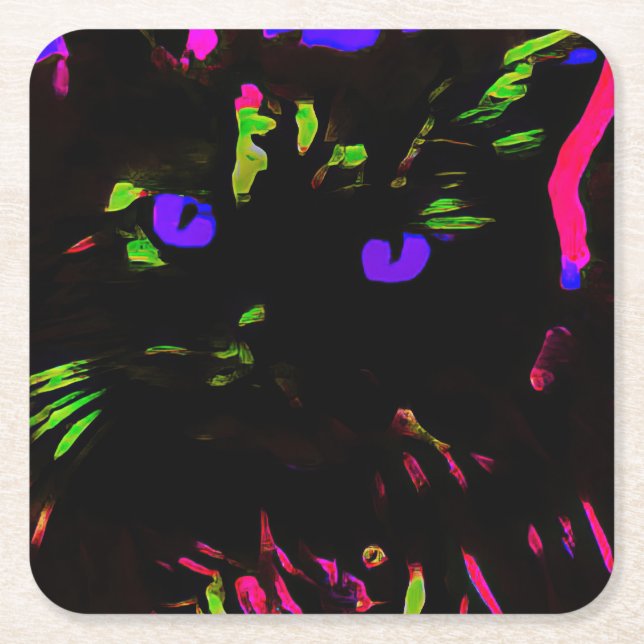 Neon Black Cat med Glowing Ögon Underlägg Papper Kvadrat (Framsidan)