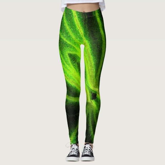Neon Black Grönt Abstrakt Mönster Leggings (Framsida)