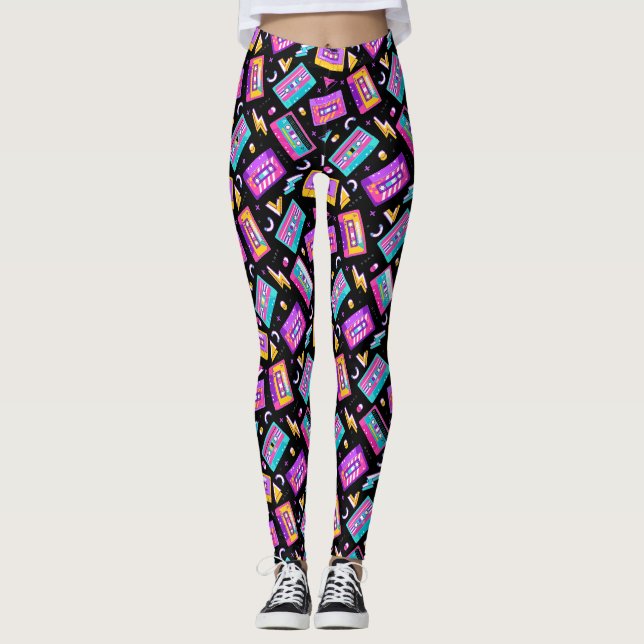 Neon & Black Trendig 80's Cassette Music Leggings (Framsida)