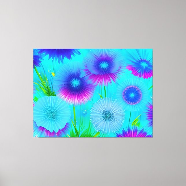 Neon Blommigt Blue Lila blommor Wrapped Canvas (Framsida)